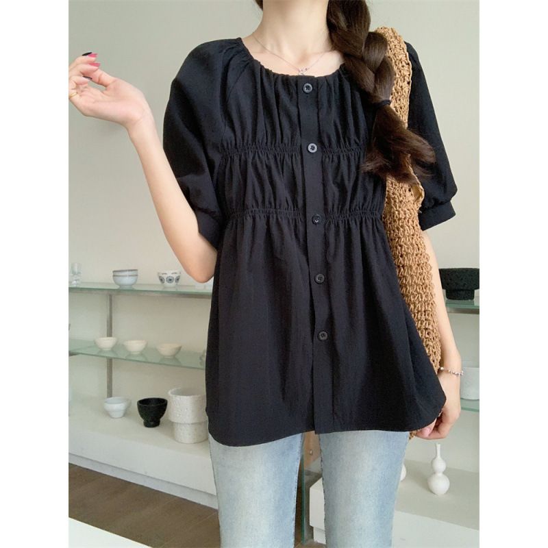 大码短袖衬衫夏季圆领正肩浅色系泡泡袖胖mm遮肚显瘦上衣女-黑色 L
