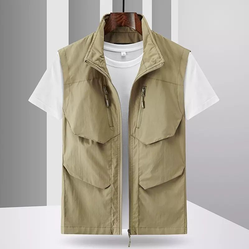 中年户外多口袋钓鱼马甲男春秋薄款休闲透气工装马夹立领坎肩外套