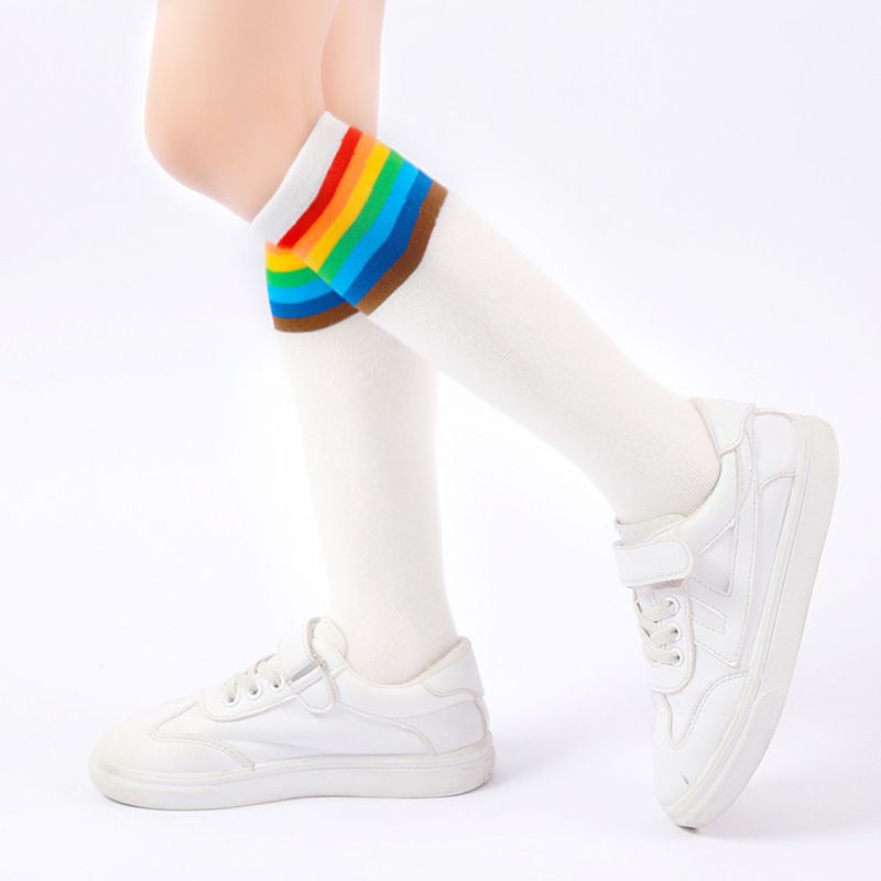 七彩長筒足球襪 精梳棉童襪 春夏學生彩色條紋襪- 白色 長約35CM，建議3-10歲左右