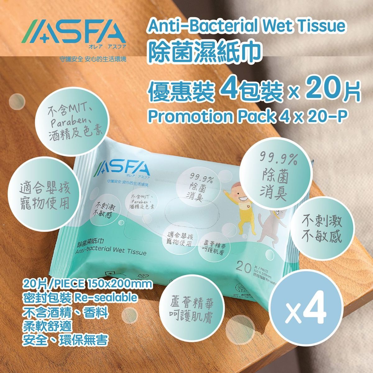 除菌濕紙巾【20片】優惠裝 4包裝
