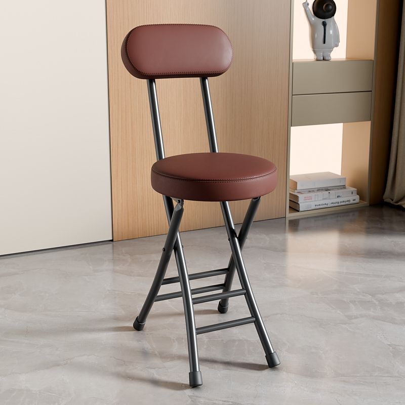 棕色-皮质圆凳折叠凳 简易书桌椅 宿舍靠背软包折叠小凳子椅 便携阳台椅 折叠椅子 家用靠背软包椅