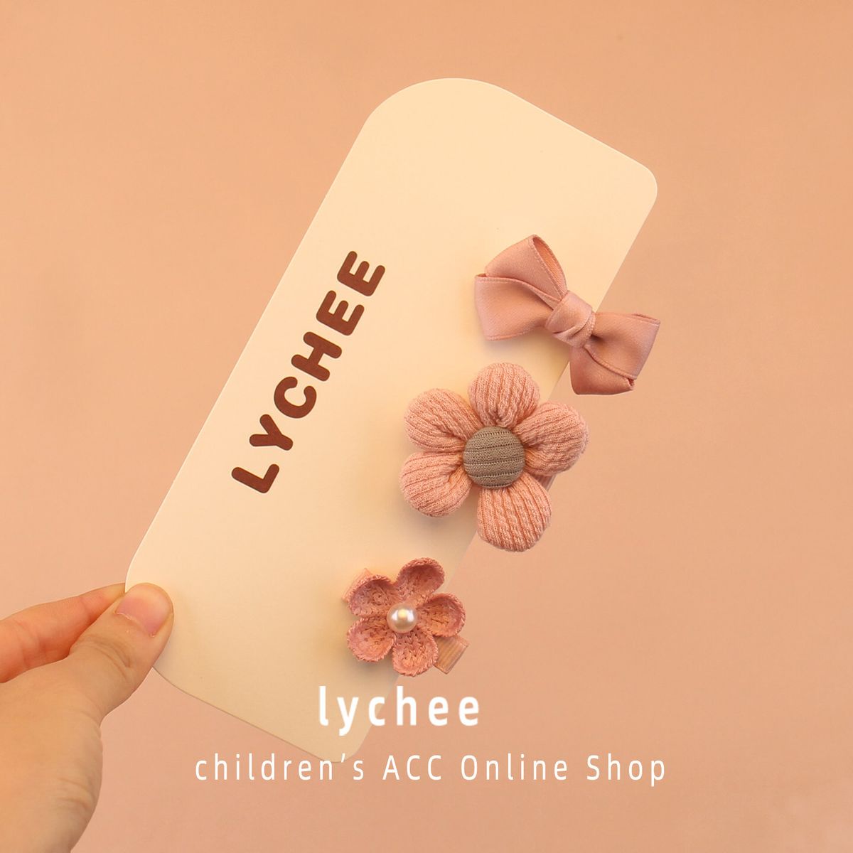 Bare Pink Gentle Little Flower Children's Hair Clip Three Piece Set with Ribbon Bow Knitted Flower P