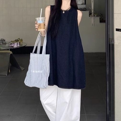 Casual Lazy Style Set Sleeveless Round Neck Loose Dress Women Summer Hig-Deep blue shirt S