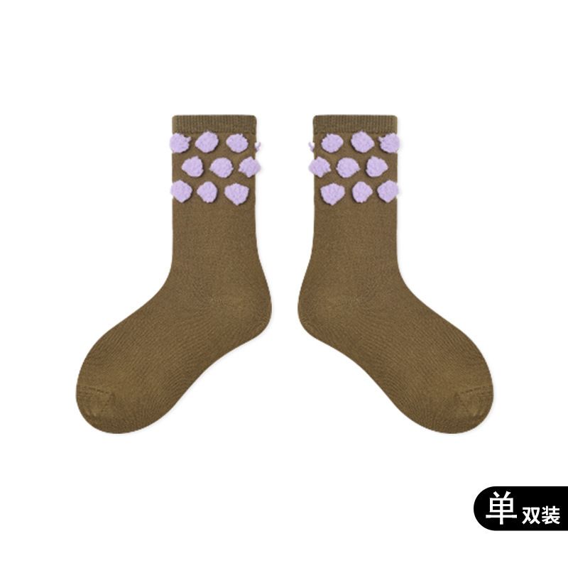 儿童袜子秋冬毛绒绒波点宝宝袜子纯色创意中筒袜男女童袜-1554 绿底紫点 M（建议脚长15-18cm）约3-5岁