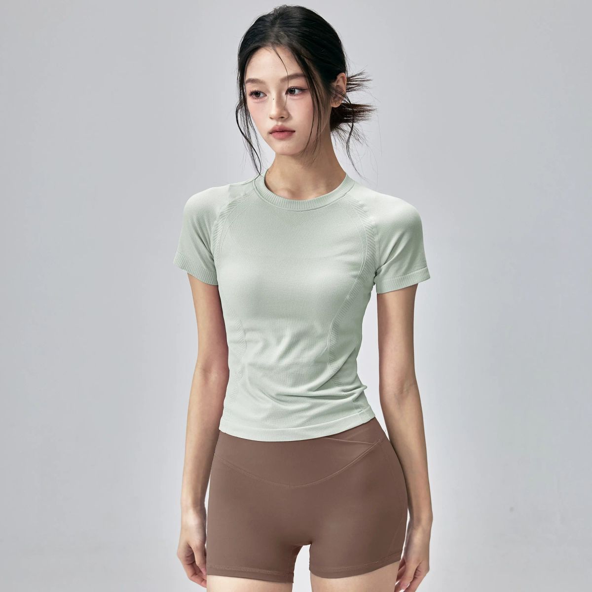 健身女孩速干瑜伽服短袖修身高彈跑步訓練上衣圓領薄款運動t恤夏-微光綠 S-款式7