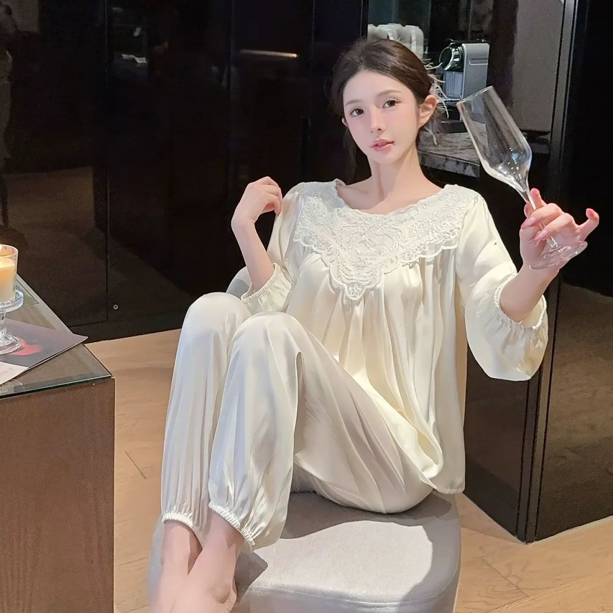 新款蕾丝后背镂空长袖性感冰丝睡衣女夏季家居服套装爆款