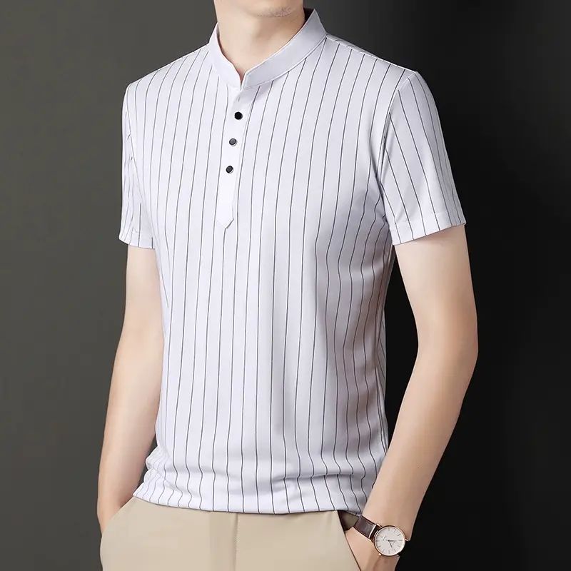 夏季中年T恤爸爸装体恤衫薄款立领短袖