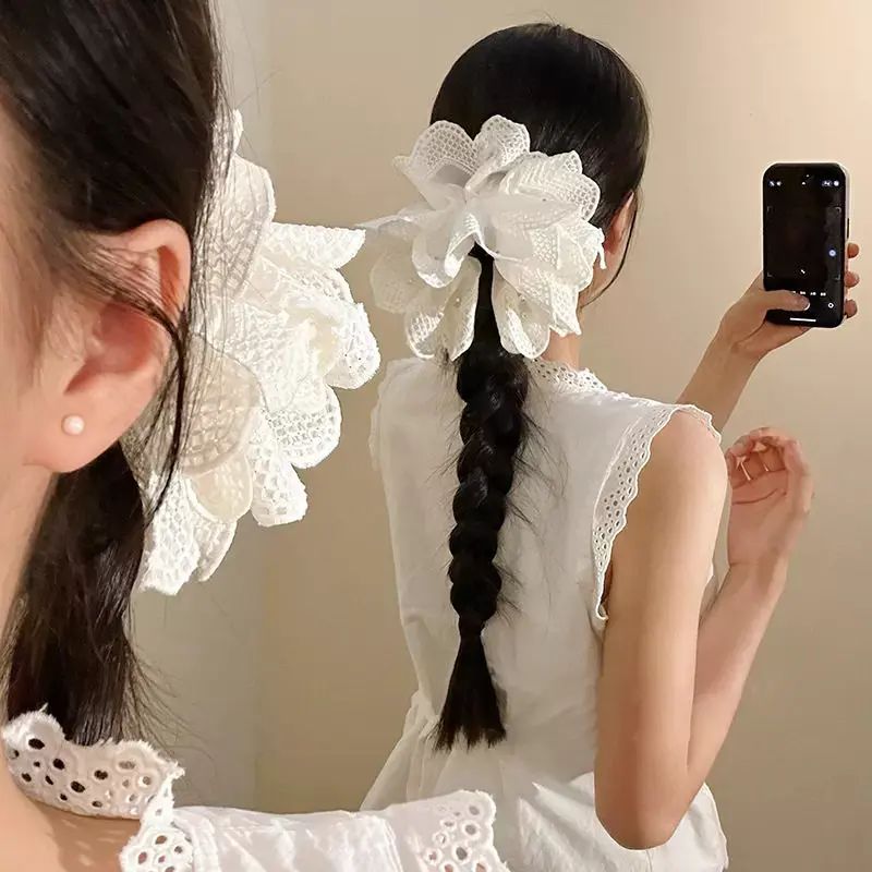 超仙白色蕾絲珍珠花朵鯊魚夾女氛圍感低馬尾鯊魚夾後腦勺麻花辮髮夾