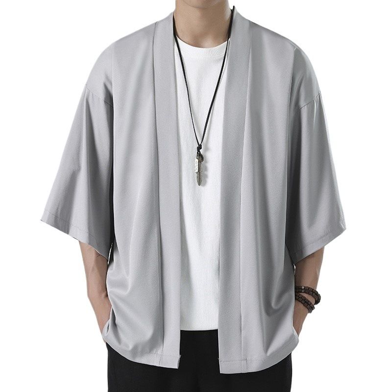 中國風男裝冰絲開衫 防曬透氣薄款披風 漢服休閒外套- 白色 XXXL