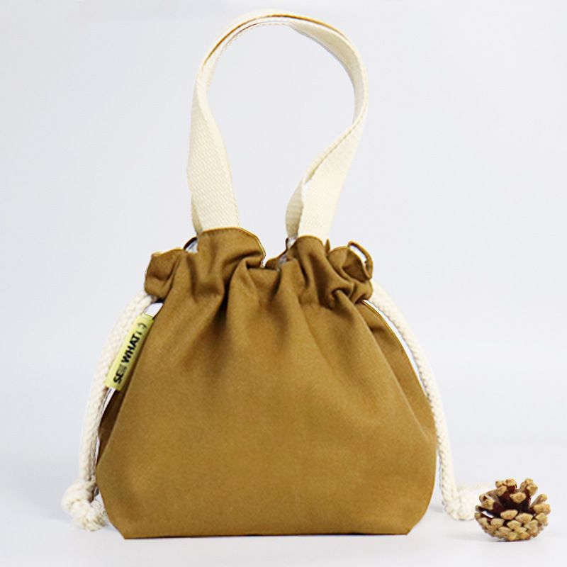 (啡色)時尚抽繩束口手提帆布袋 便當袋 環保袋 購物袋(30*20*12cm)