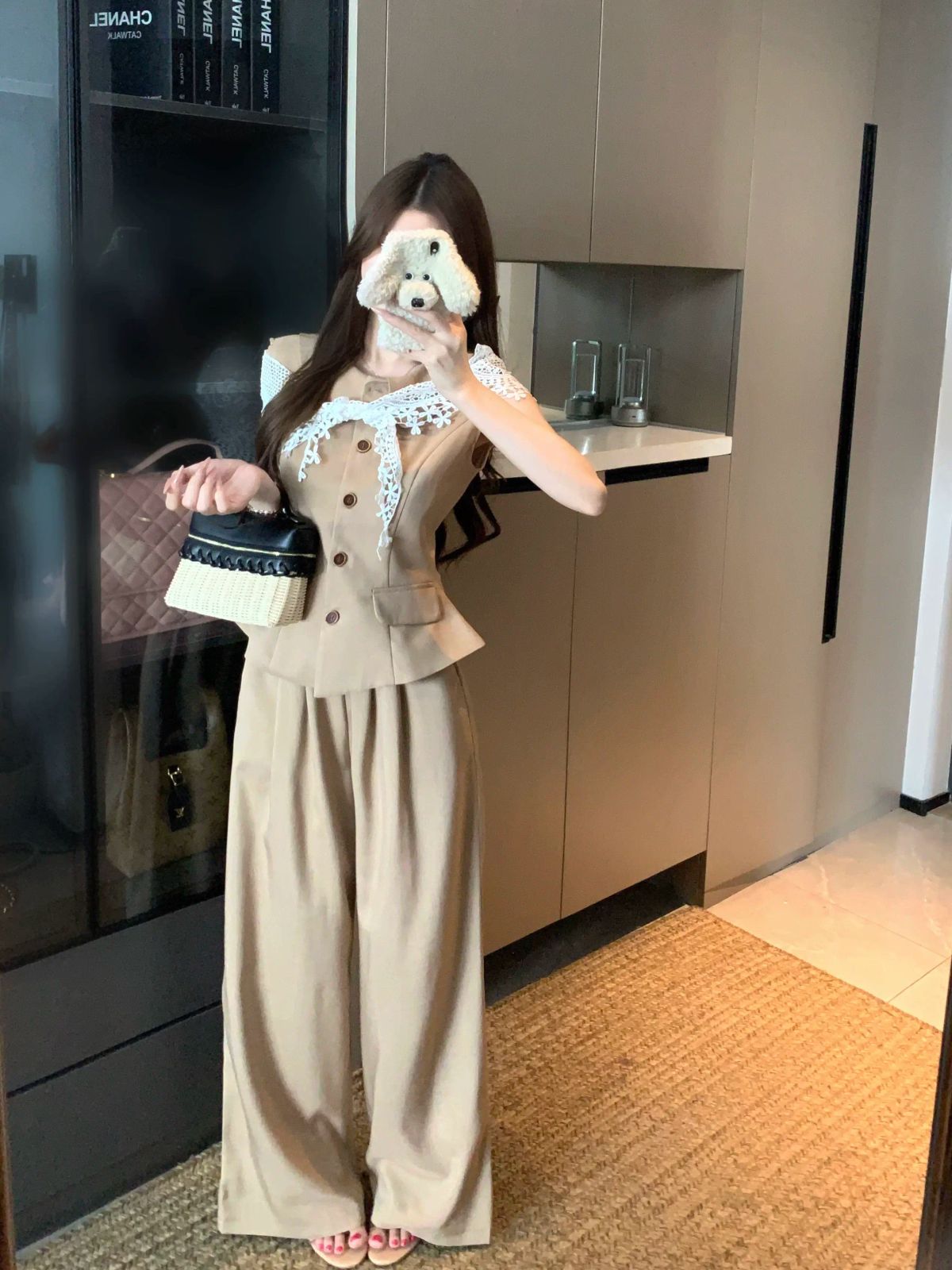 kumikumi老錢風顯瘦單排扣無袖背心女裝夏季高腰氣質休閒褲兩件套-上衣加褲子 S