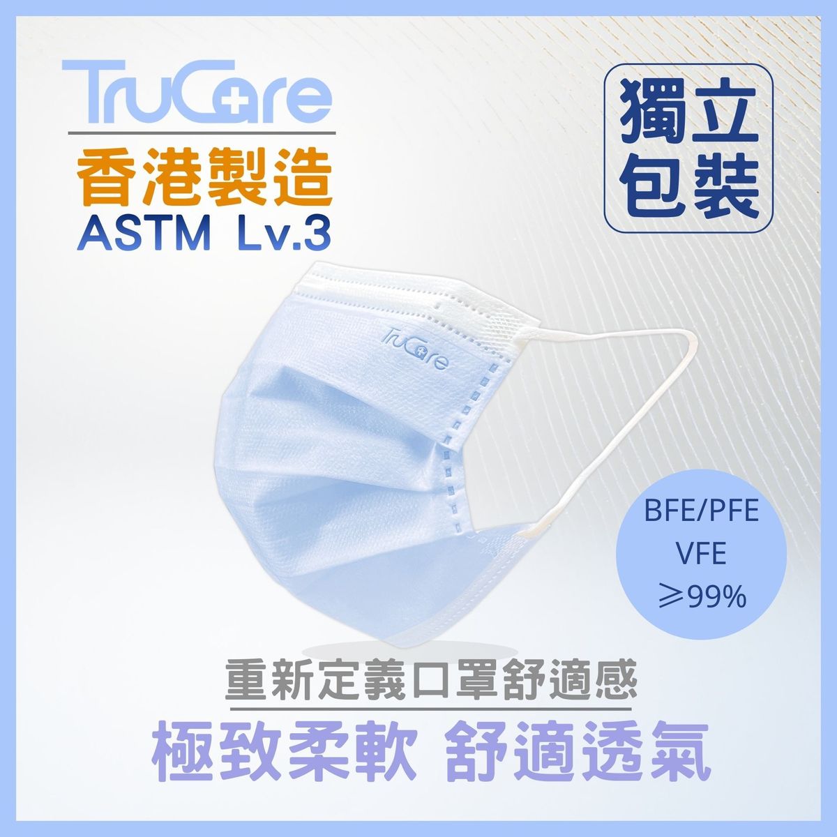 【香港製造】透氣特柔三摺口罩 (175mm 獨立包裝  30片裝 藍色) [ASTM Level 3]