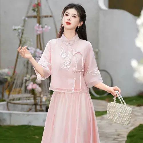 en s summer  national style  buckled tassel Tang suit  cheongsam top  skirt  tea art dress T shirt S
