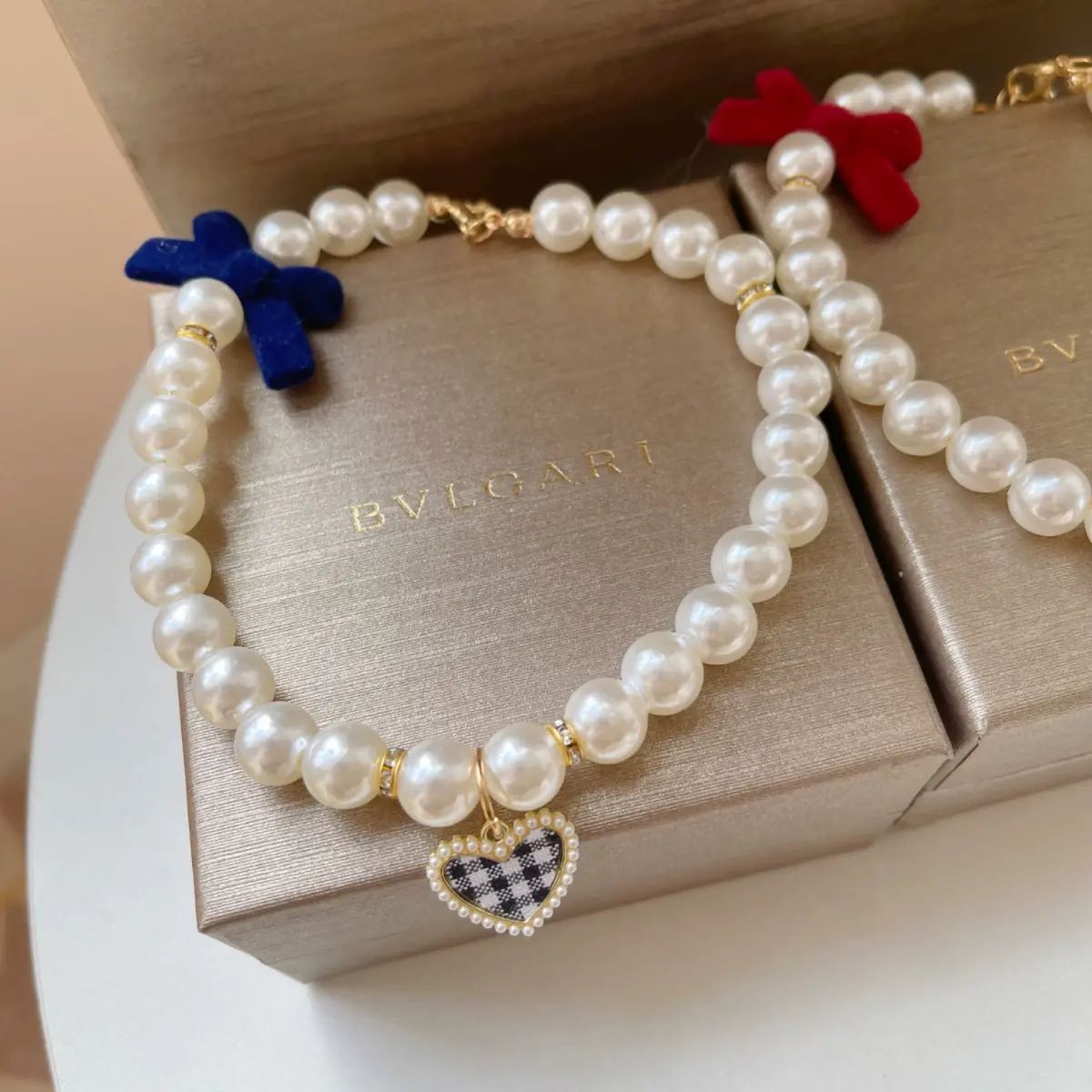 日本MUJIQ Pet猫咪珍珠爱心项链小狗狗宠物蝴蝶结项圈挂饰装饰品