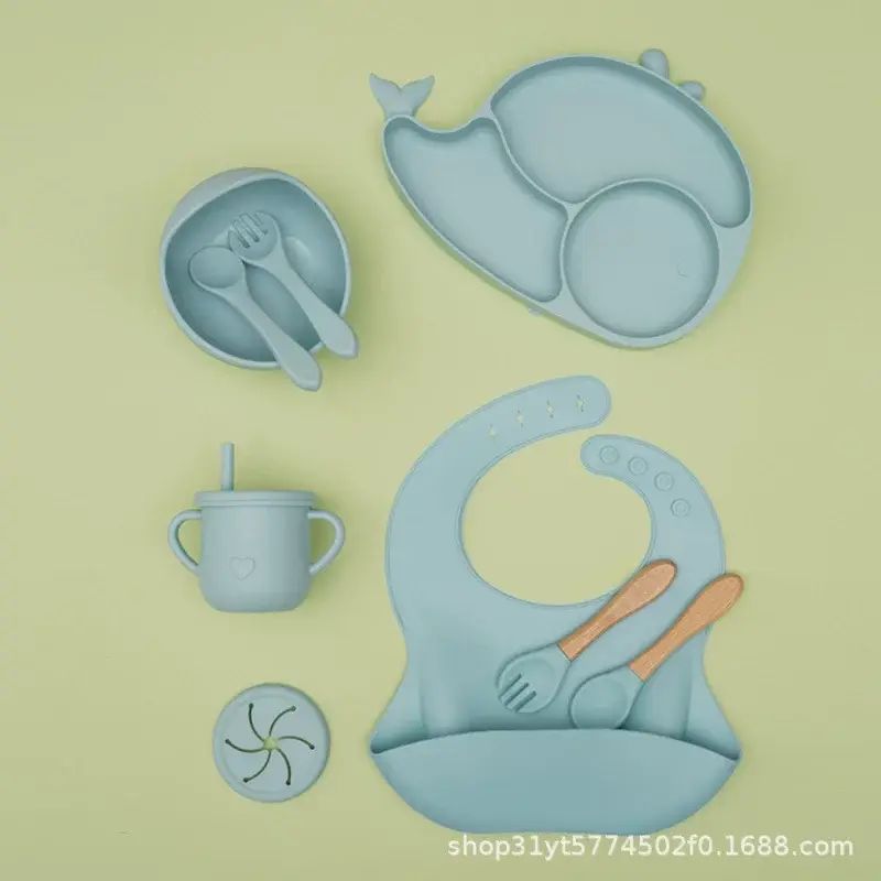 兒童矽膠輔食餐盤嬰幼兒餐具防摔食品級套裝兒童防水超軟吃飯套裝