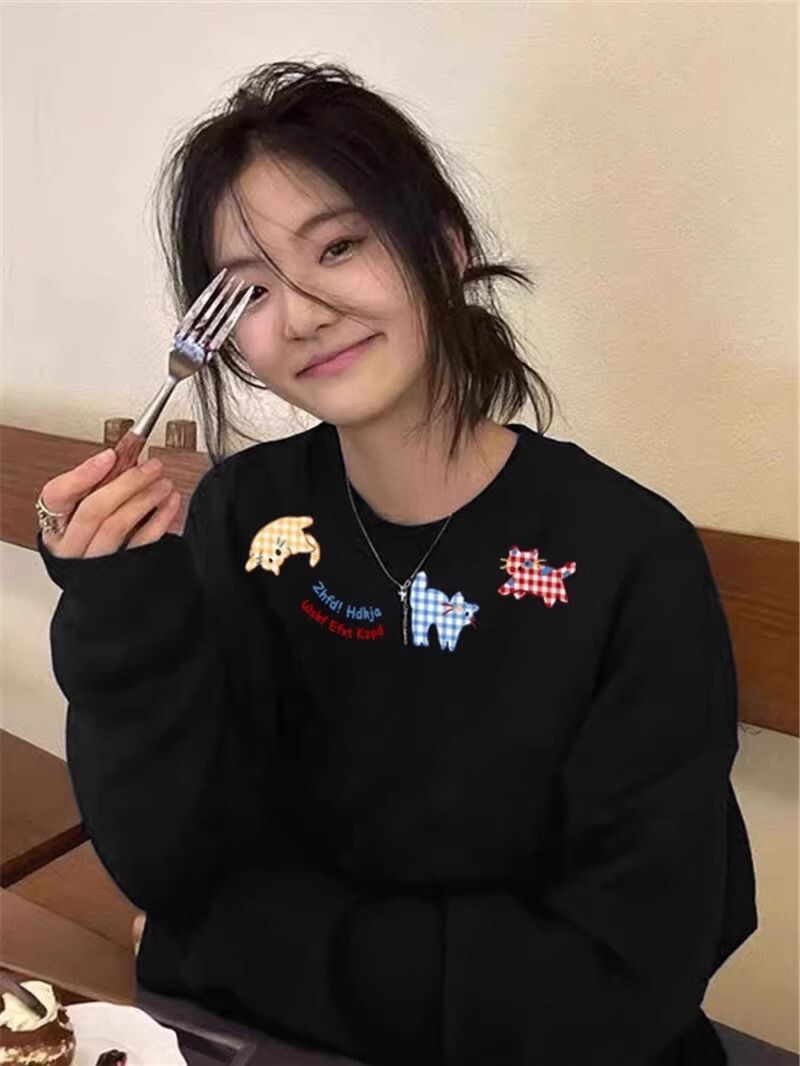 韓國新款仿棉衛衣女裝 薄款加絨圓領印花 休閒百搭- 黑色（薄款） S