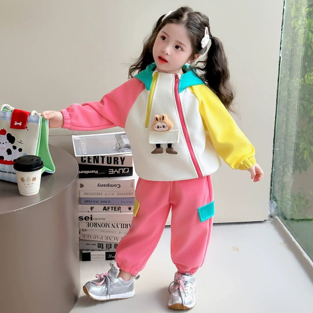 女童卡通拼色卡通套裝 春秋款 運動小女孩 休閒開衫 兩件套 #2458