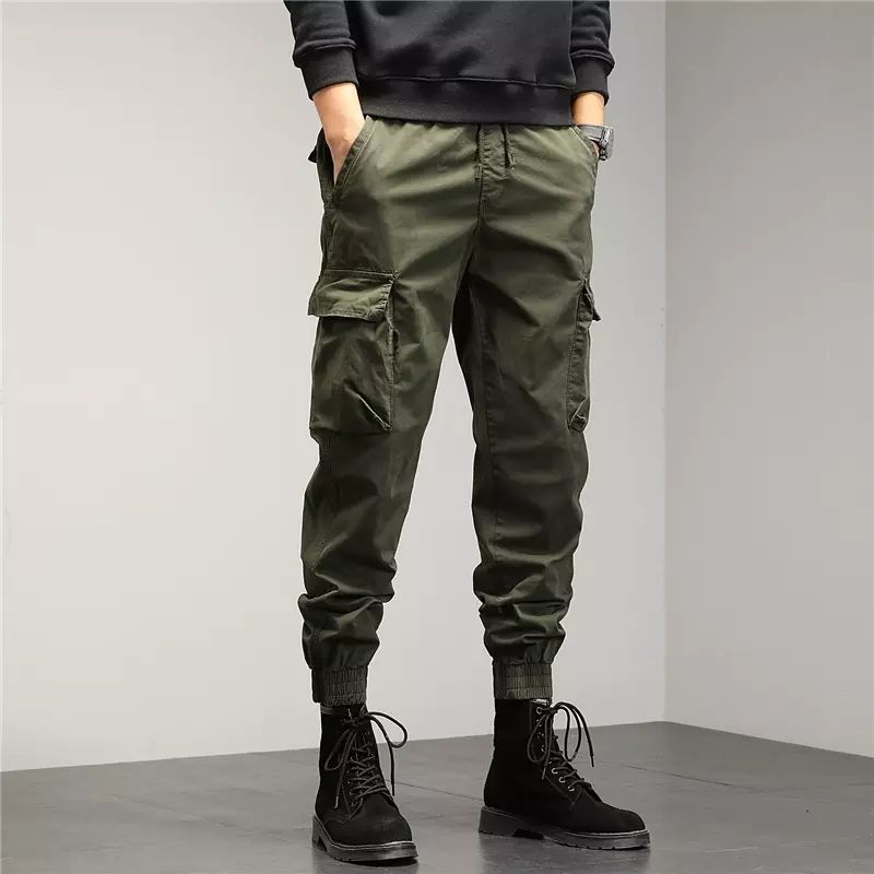 微弹复古水洗工装裤男春秋季宽松多口袋咔叽做旧束脚休闲小脚长裤