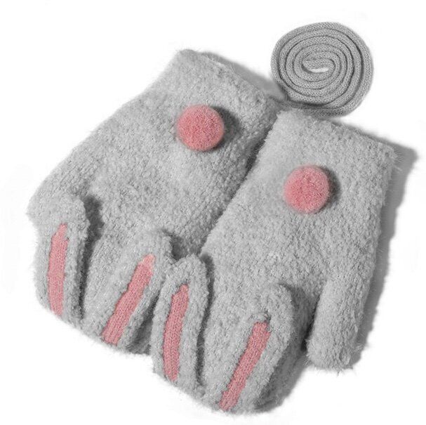保暖掛繩連指手套(建議年齡：2-6歲  DRST26;小兔子灰色)