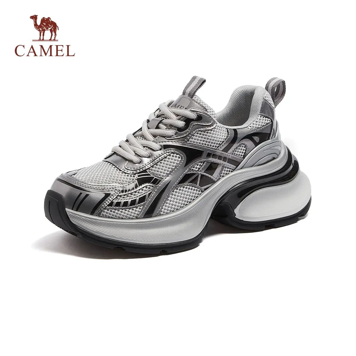 骆驼银熠老爹鞋女鞋2025秋季新款厚底银色运动鞋女增高复古休闲鞋