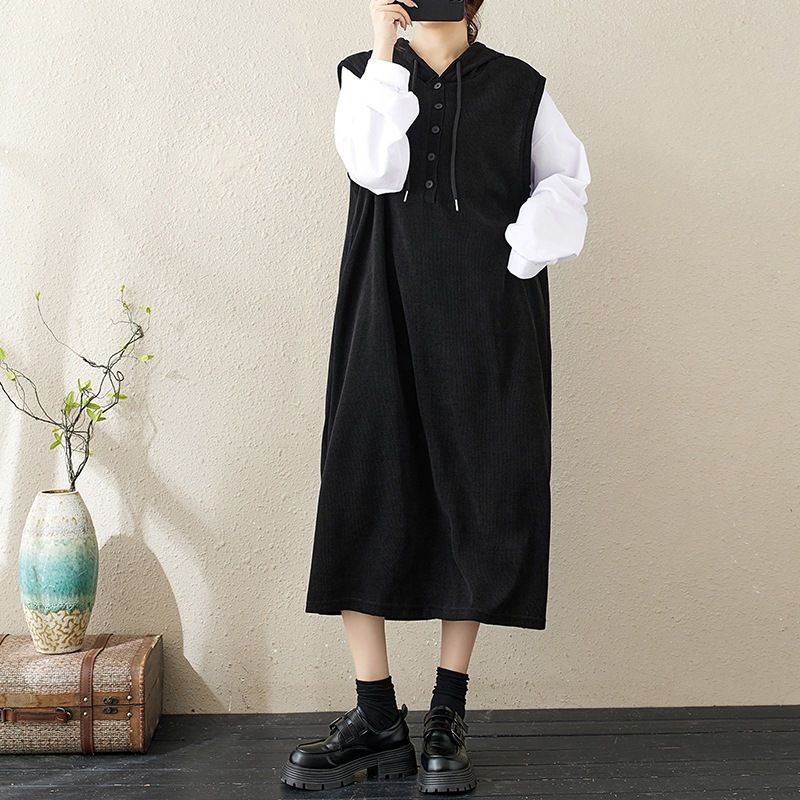 2025 Autumn/Winter Solid Color Corduroy Pit Strip Loose Casual Versatile Hoodie Headless Long Dress