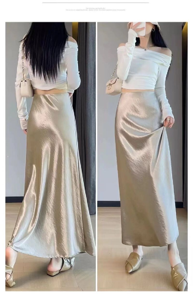 非实拍 缎面醋酸垂感半身裙高级感气质高腰中长款包臀鱼尾裙-香槟色 L