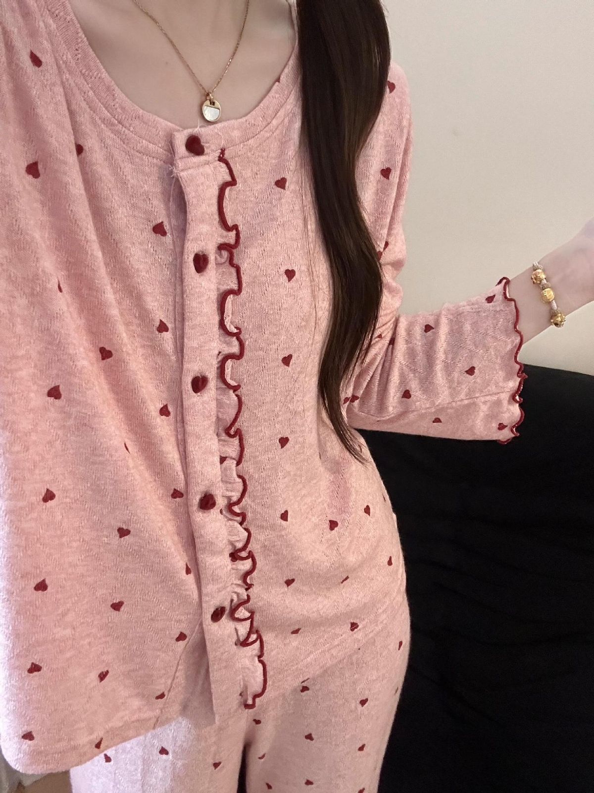 甜美溫柔風粉色愛心碎花睡衣女秋季新款大碼軟糯可外穿家居服套裝