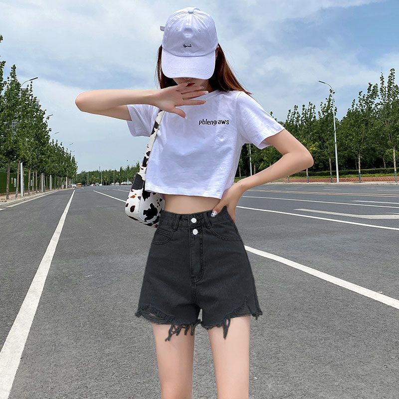 淺藍色高腰A字牛仔短褲女裝 夏季薄款破洞寬鬆顯瘦大碼熱褲潮流- 黑色 280 S