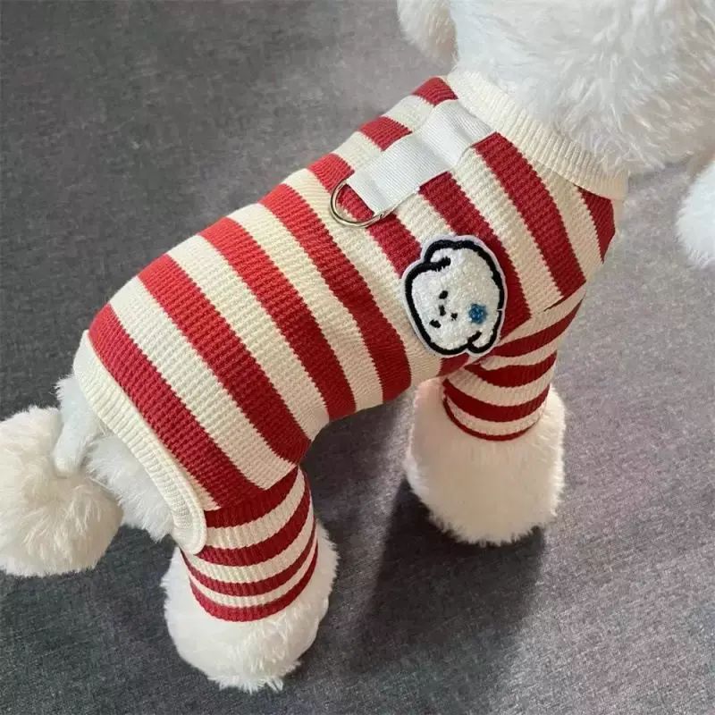 狗狗條紋衣服秋冬保暖可牽引四腳家居服泰迪博美比熊外穿休閒衣服