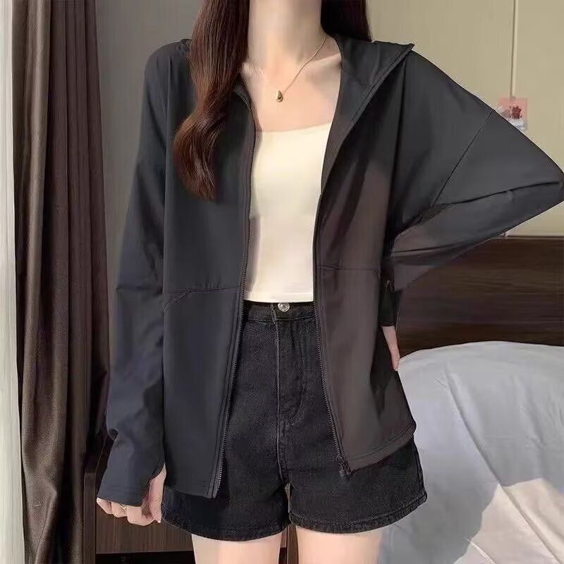 冰丝凉感防晒衣女款外套夏季新款防紫外线轻薄透气防晒服连帽开衫-黑色 2XL