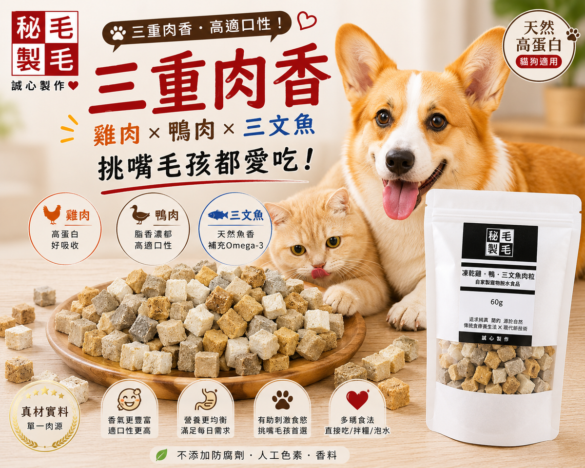 凍乾混合肉粒 (雞肉、鴨肉、三文魚粒) 60g 營養多元 全面補充 滿足味蕾 寵物小食