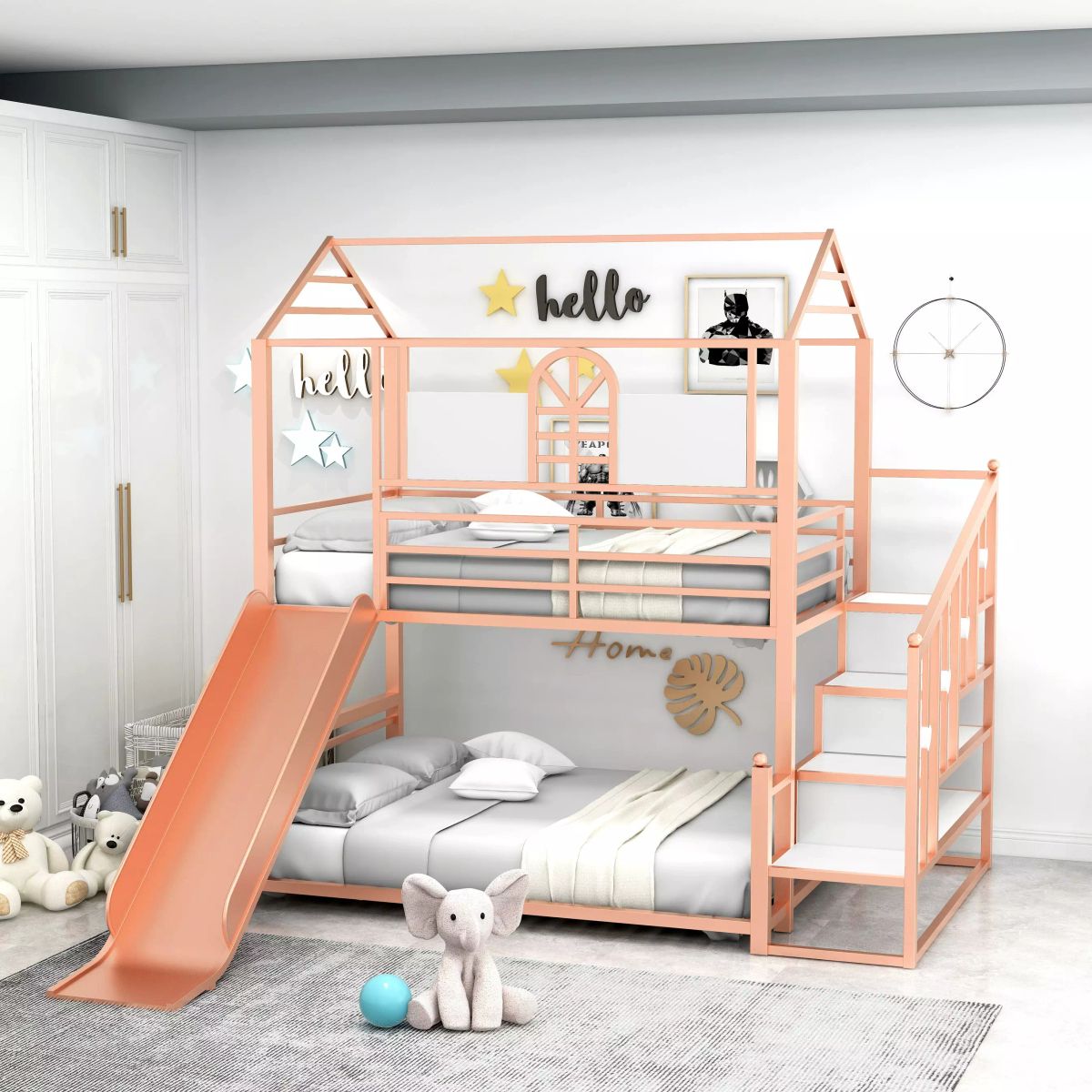 轻奢金儿童床上下床带滑滑梯组合子母床公主高低床男孩树屋双层床