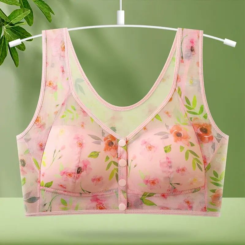 前开扣内衣固定杯大码蕾丝印花聚拢无钢圈透气超薄中老年文胸女