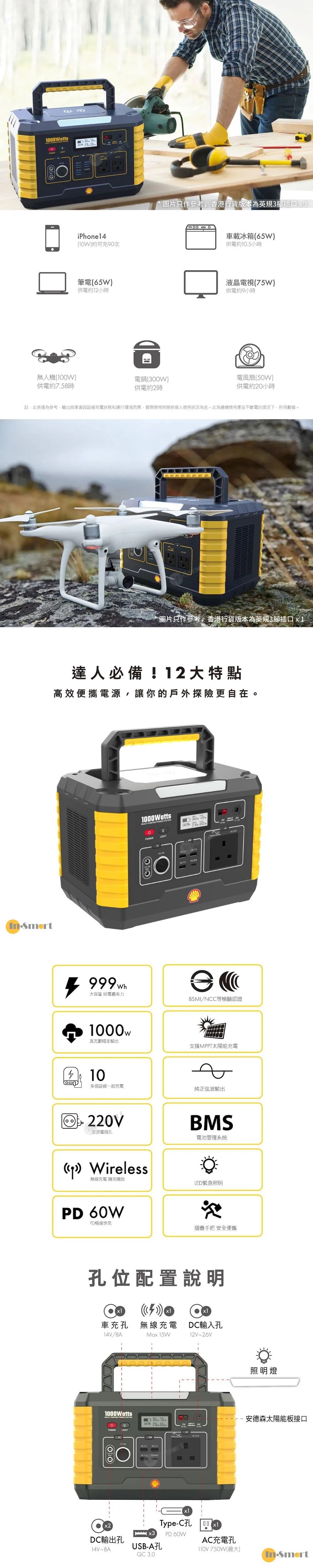 Shell | [送勁量充氣泵] 可攜式高容量儲能電源 MP1000 露營行動電源站 270000mAh 1000W 220V AC輸出 ...