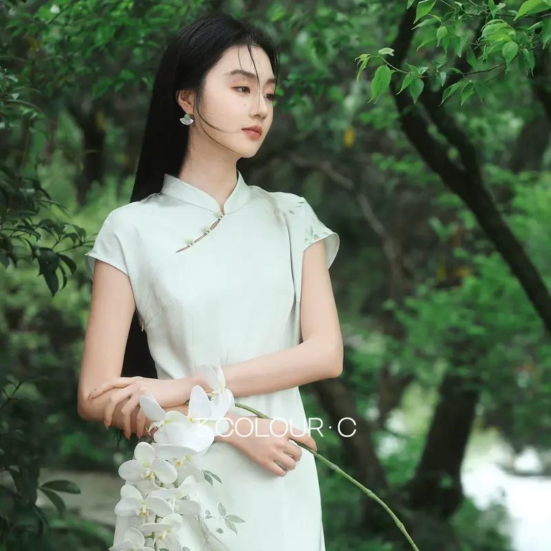 驟雨新荷三彩2026夏季新款綠色新中式連身裙改良旗袍長裙女C-牛油果綠花卉 155/80A/S