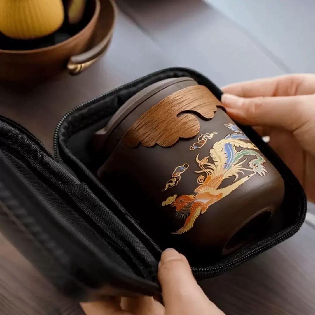 原礦手工紫砂遇熱變色龍鳳旅行茶具套裝行動式戶外露營出差泡茶器
