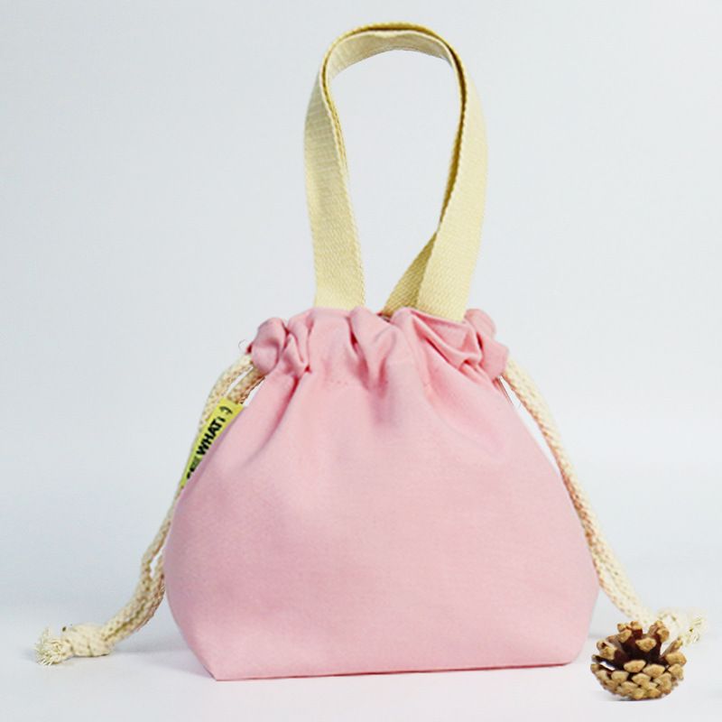 (粉色)時尚抽繩束口手提帆布袋 便當袋 環保袋 購物袋(30*20*11cm)