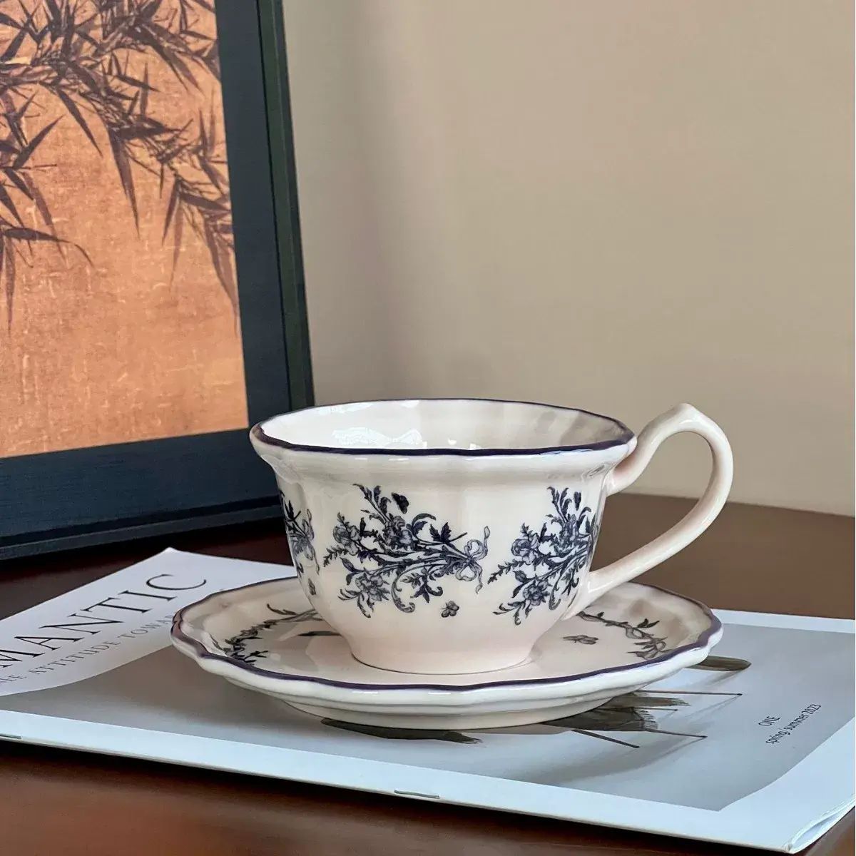 歐式青花淺式餐盤飯碗咖啡杯碟家用餐具套裝送禮陶瓷杯杯碟套裝