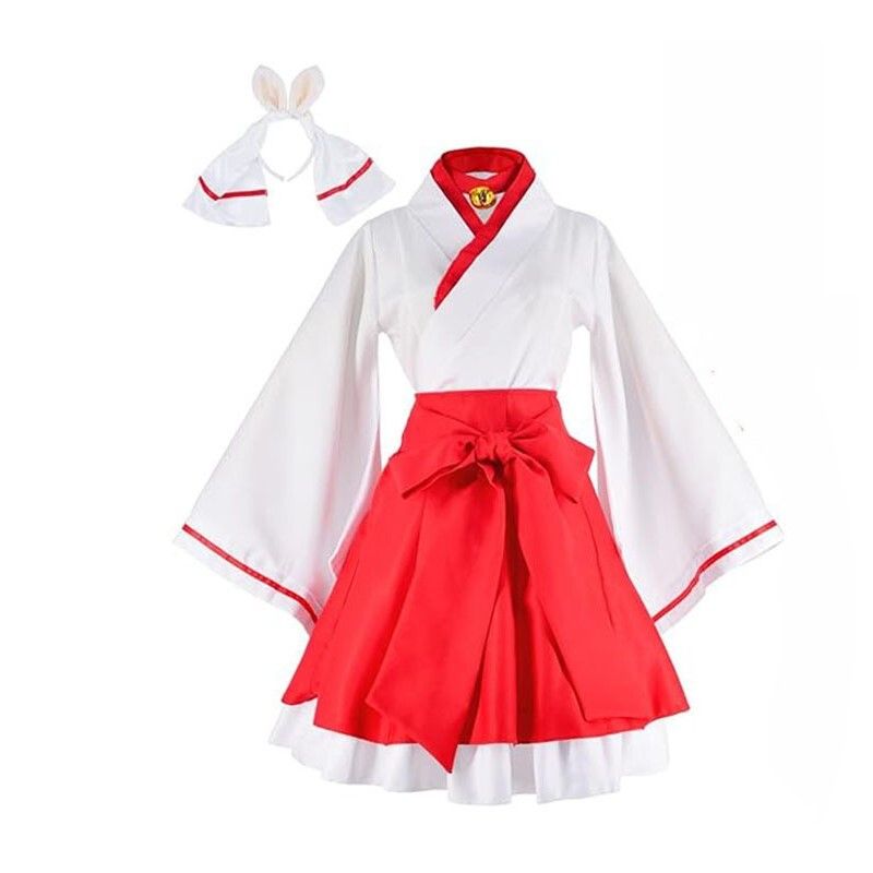 日本動漫狐妖cosplay套裝（送配套裙帶髮帶領帶）萬聖節女款狐狸套裝 日本紅白狐狸女式和服 日式巫女服女僕裝
