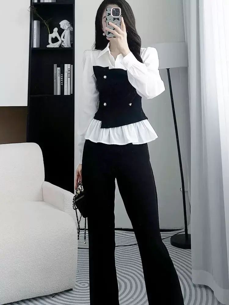 早秋穿搭黑色喇叭裤两件套女2025新款时尚感衬衫套装