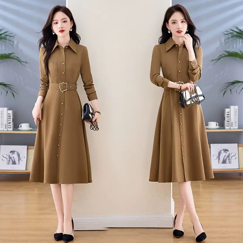 秋季新款风衣式精致修身显瘦连身裙气质收腰衬衫裙 配腰带