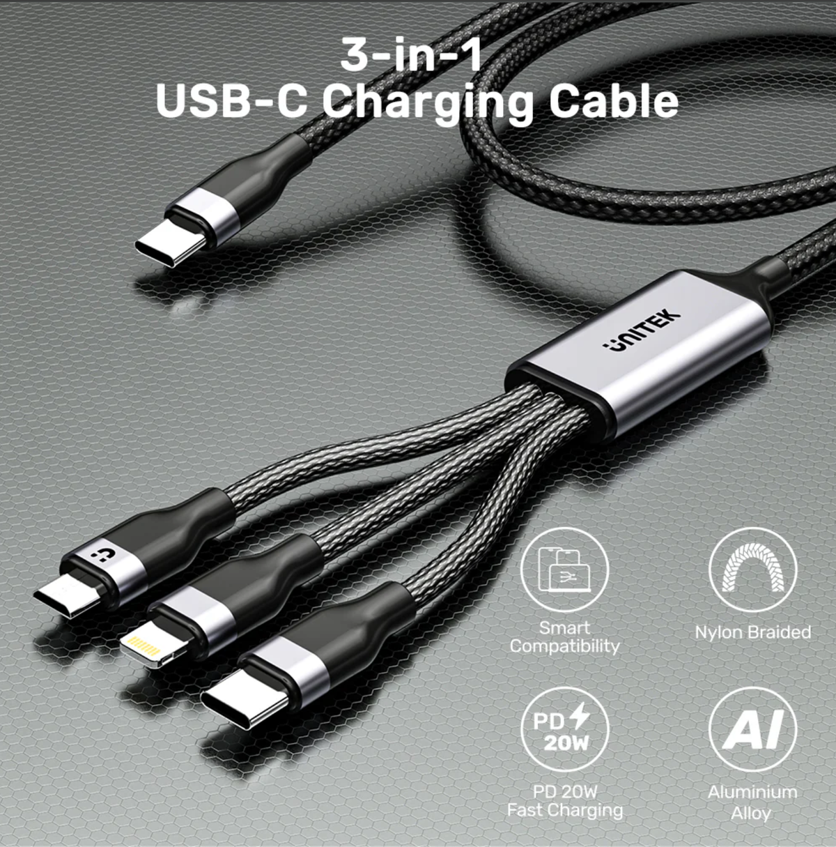 UNITEK | 3合1 USB-C 快充充電線 | Lightning 20W | USB-C 15W | Micro USB 10W ...