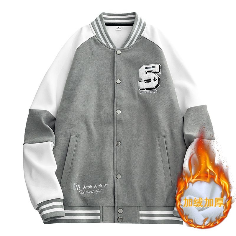 男装冬季加绒棒球服男潮牌简约字母绣花开衫立领夹克宽松保暖外套