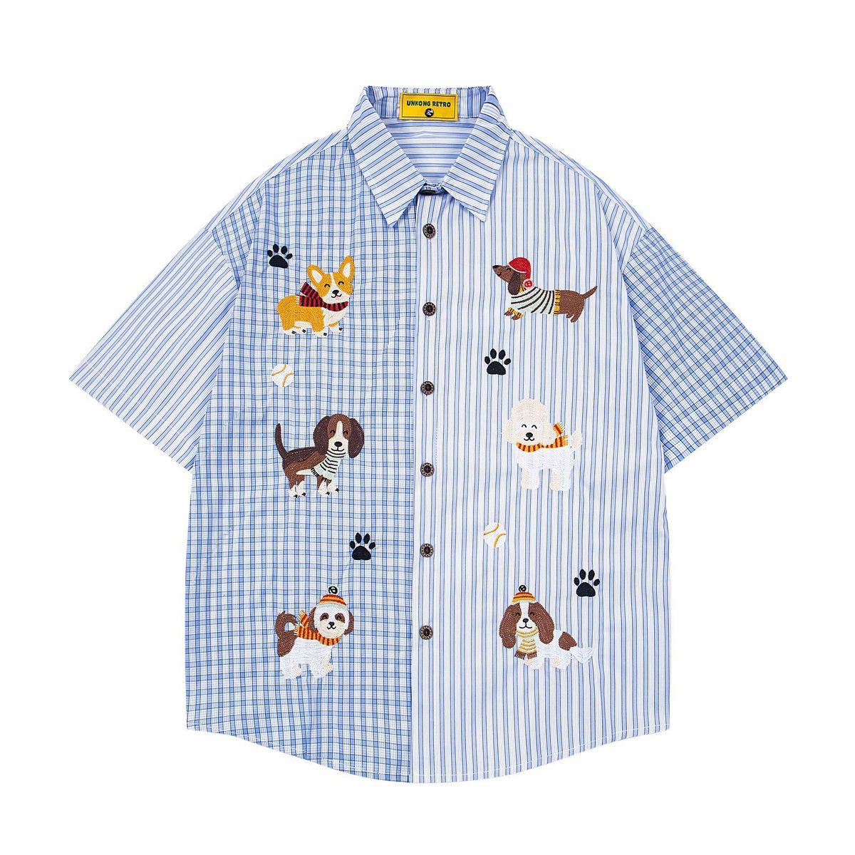 American style vintage stitching cute puppy embroidered short sleeve shirt summer all-match loose