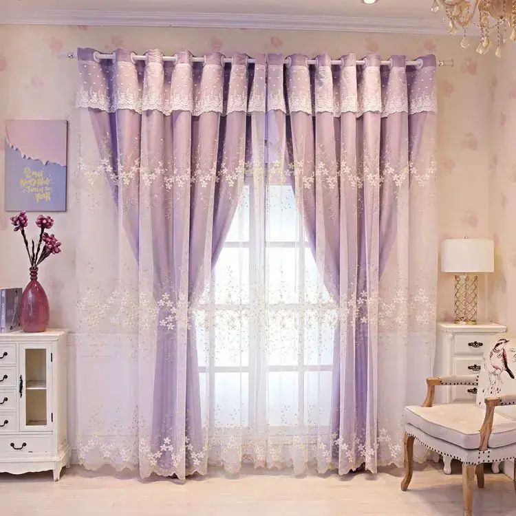 Customized simple double-layer curtain fabric with integrated lace embroidery small fresh living ro