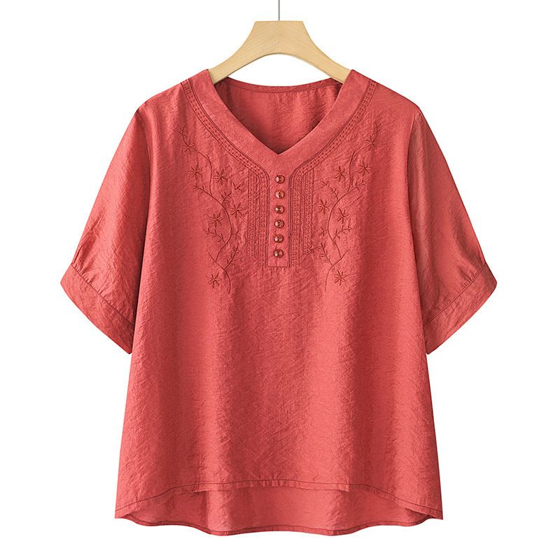 天絲麻套裝女裝 短袖T恤 刺繡上衣 兩件套 夏季媽媽裝 透氣舒適- 桔色（上衣） XL建議（90-105斤）
