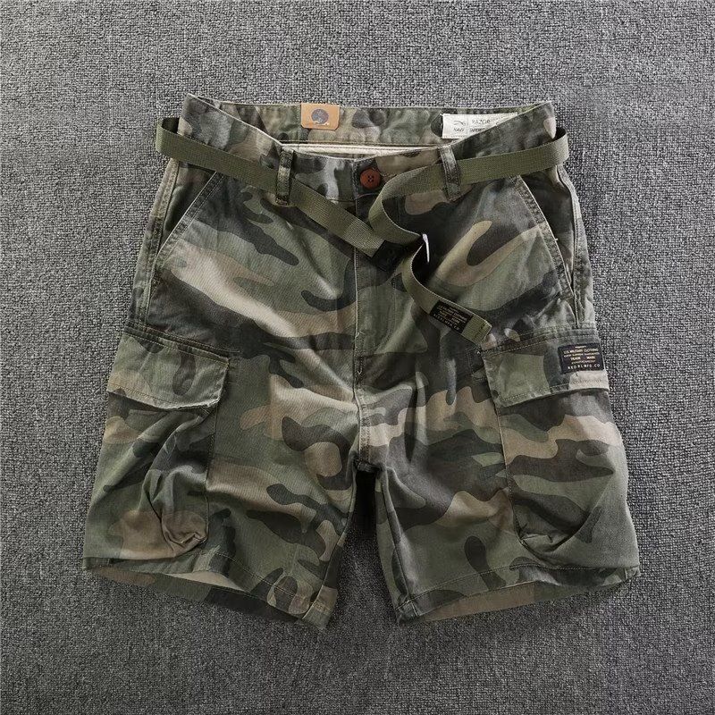 休闲短裤男夏季薄款宽松休闲迷彩工装直筒成熟男人五分裤男潮中裤-卡其迷彩 M