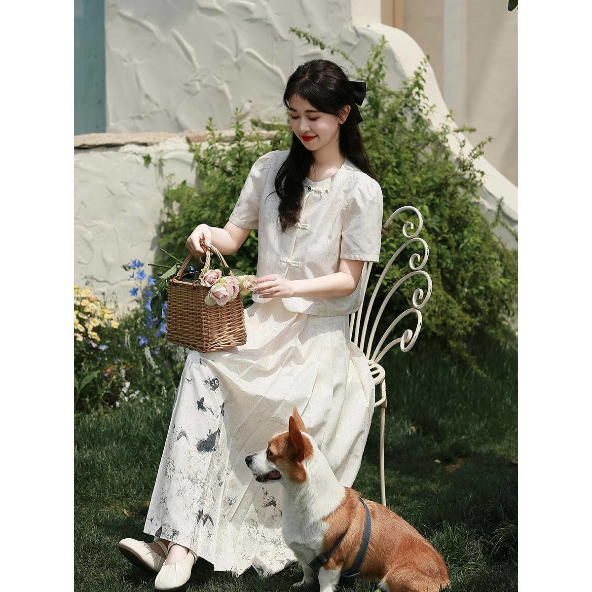 素色左岸新中式國風馬面裙套裝女夏小個子禪意漢服上衣氣質兩件套