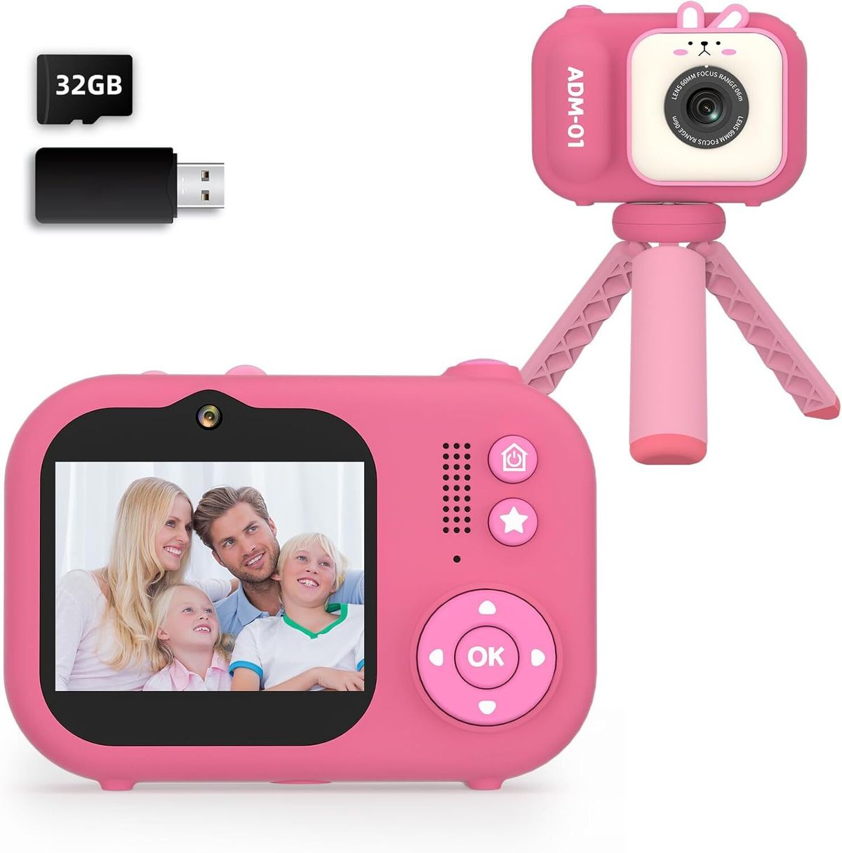 Mini Digital Camera for Kids (Includes 32GB memory card + card reader + stand) Dual Lens Kids Camera
