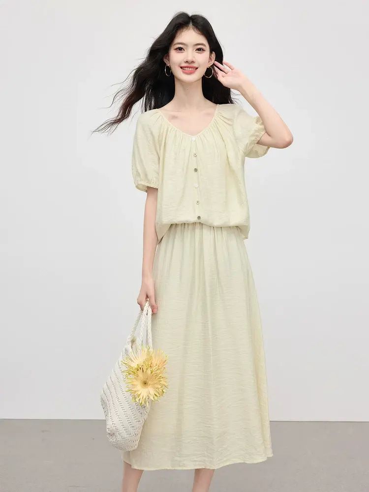 熙世界亞麻套裝女2026新款夏季通勤休閒輕盈短袖恤衫半截裙兩件套-淡奶油黃 S